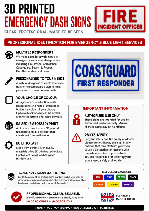 3D Printed Personalised Emergency / Responder Dashboard Sign – Custom Text & Colour
